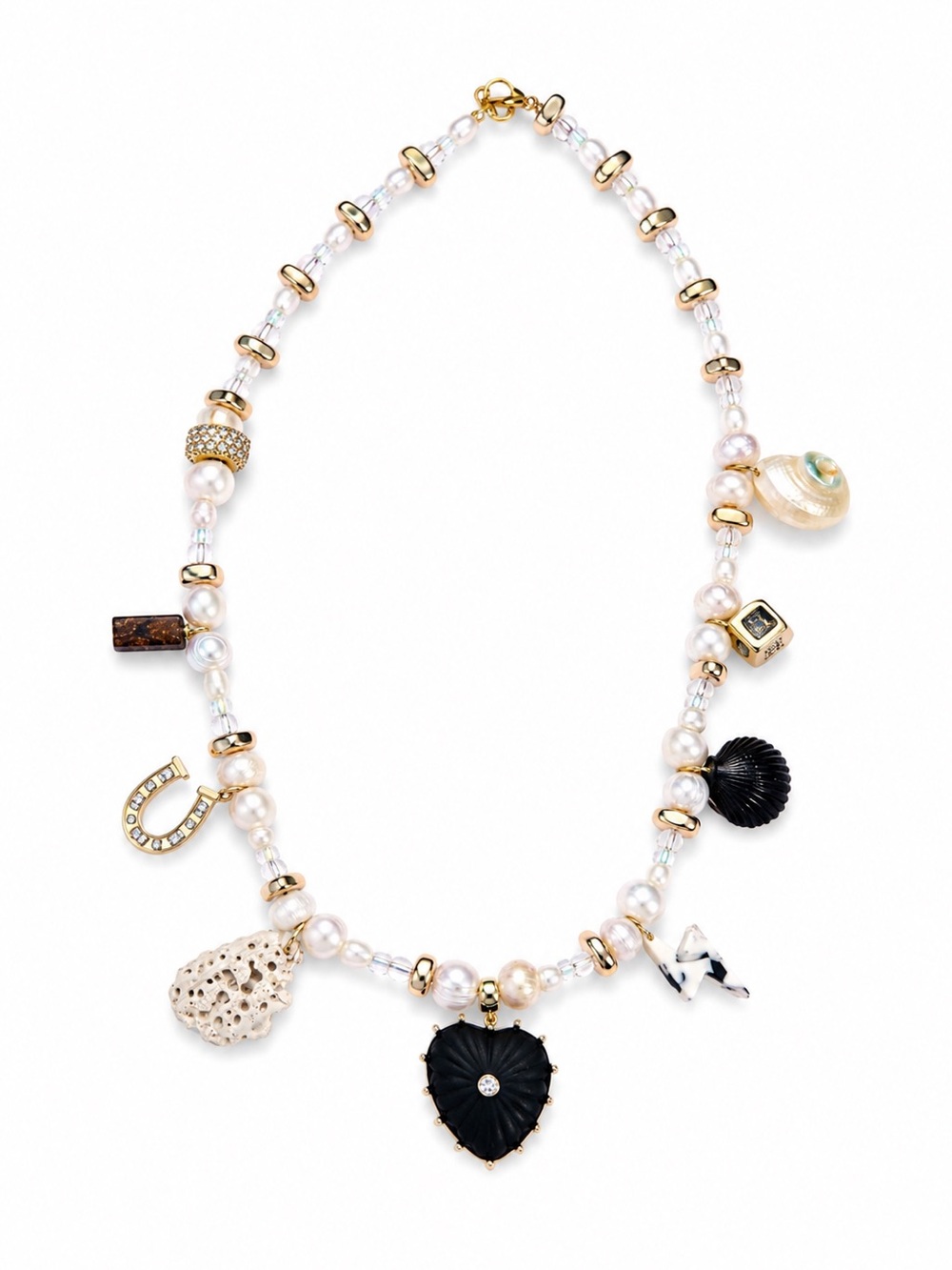 *NWT* Crystal, Gold, and Pearl Charm Necklace with Black Heart and Shell Accents